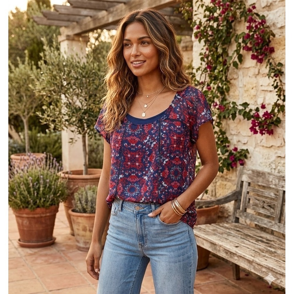 a.n.a Blouse Womens Sheer Floral Short Sleeve Scoop Neck Keyhole Back Blue